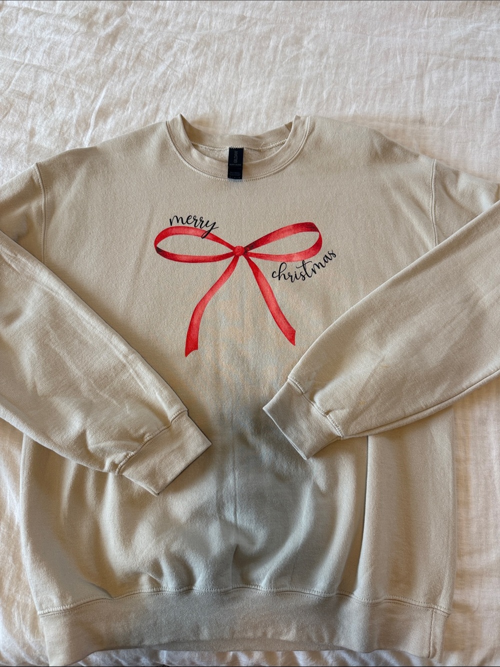 Gildan Tan Sweatshirt with Red Bow "Merry Christmas" Graphic